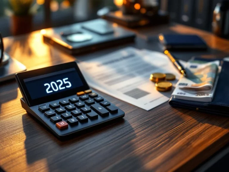 Moderne kantoorbureau met rekenmachine die "2025" toont, omringd door eurobiljetten en Nederlandse belastingdocumenten