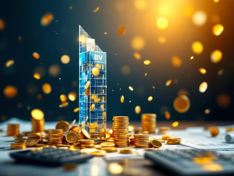 Glazen kantoorgebouw met euro munten en bankbiljetten in spiraalbeweging, calculator en documenten op voorgrond