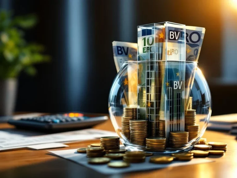 Euro bankbiljetten en munten stromen in glazen spaarvarken vormgegeven als kantoorgebouw op bureau met belastingdocumenten