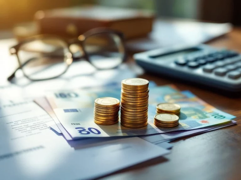 Stapel gouden munten en eurobiljetten op houten bureau met pensioenplanningsdocumenten en rekenmachine