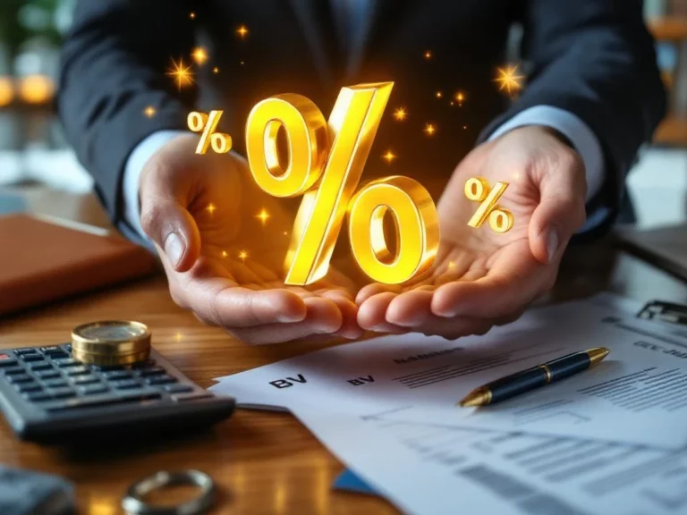 Zakenman houdt gouden percentagesymbolen boven Nederlandse BV-documenten op mahonie bureau met calculator en pen