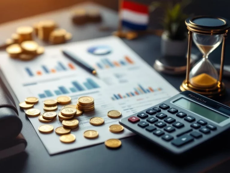 Calculator met pensioenberekeningen op modern bureau met financiële documenten, gouden munten en zandloper
