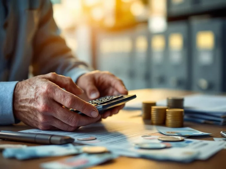 Handen met calculator die pensioenbedragen toont, omringd door eurobiljetten en Nederlandse pensioendocumenten op bureau