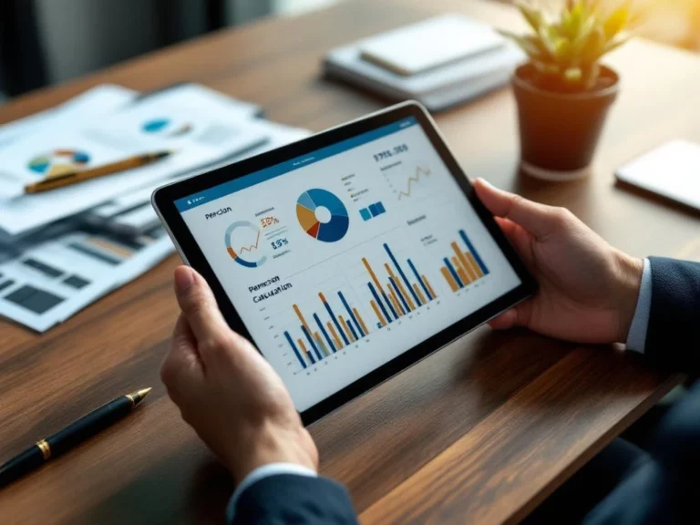 Handen met tablet met pensioenberekeningen op houten bureau met financiële documenten en vulpen