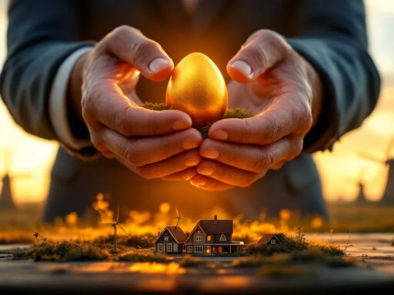 Ervaren handen beschermen gouden pensioeneieren boven bedrijfsgebouw, met Nederlandse windmolens op achtergrond