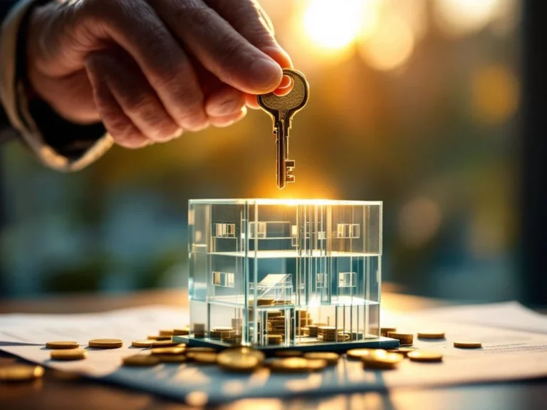 Verweerde handen houden gouden sleutel boven glazen gebouwmodel met pensioenplannen en munten, symboliseert pensioenzekerheid