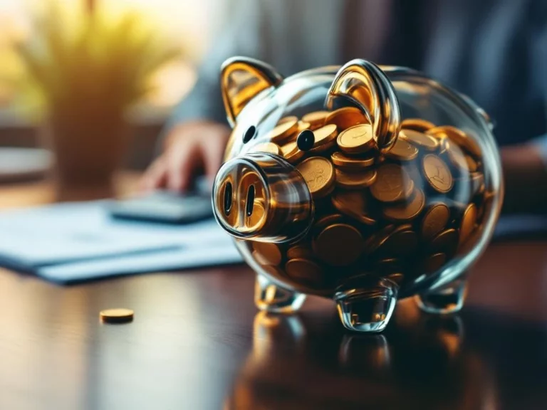 Glazen spaarvarken met gouden munten op mahonie bureau met financiële documenten en rekenmachine voor pensioenplanning