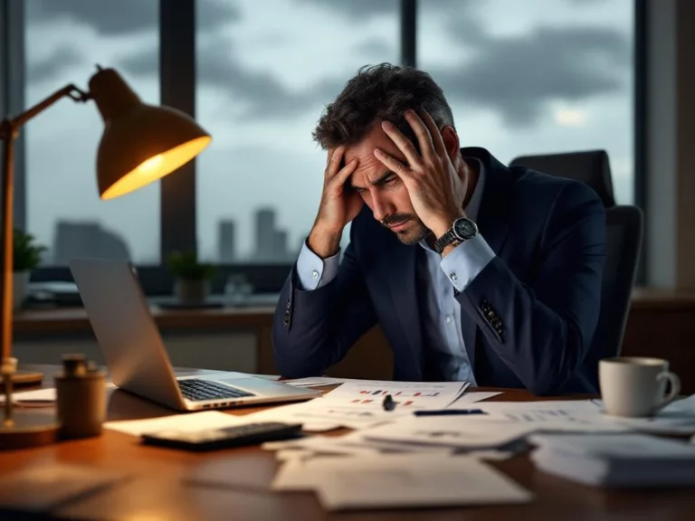 Bezorgde zakenman houdt hoofd vast terwijl hij naar dalende financiële grafieken op laptop kijkt aan bureau