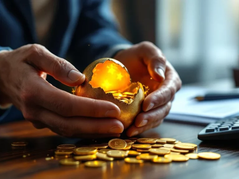 Verweerde handen houden gouden ei met euro munten op bureau met pensioen documenten en calculator in Nederlands kantoor