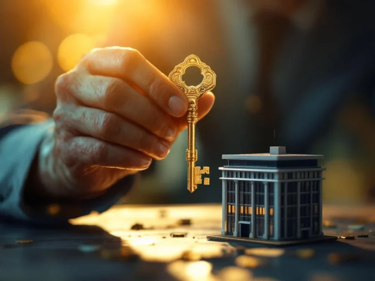 Verweerde handen houden gouden sleutel boven miniatuur kantoorgebouw, symboliseert ontgrendelen pensioenkapitaal BV