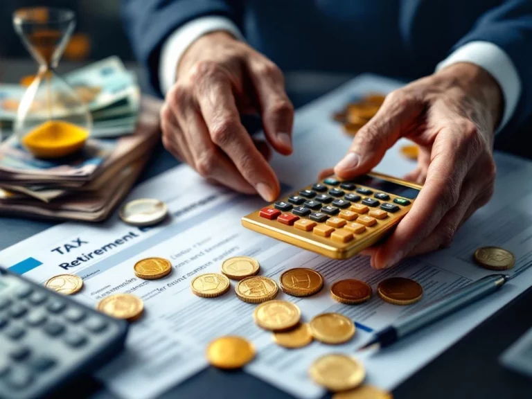 Verweerde handen met gouden calculator op bureau met Nederlandse belastingdocumenten, euro bankbiljetten en pensioenpapieren