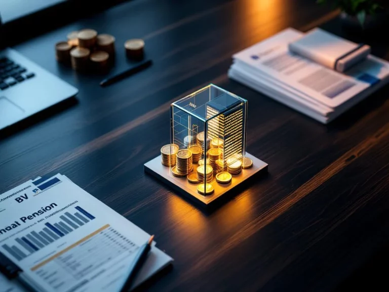 Bovenaanzicht van modern bureau met BV-model, Nederlandse belastingdocumenten, calculator en gouden munten voor pensioenplanning