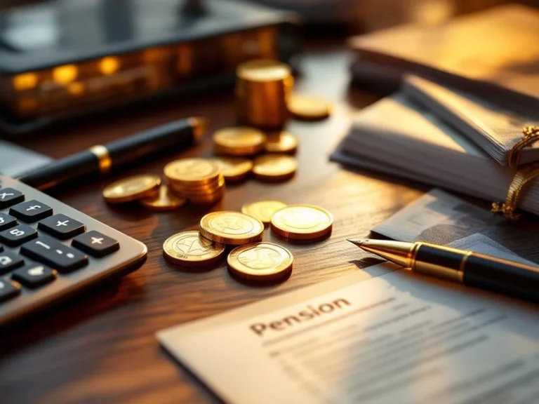 Gouden munten en eurobiljetten rond rekenmachine en pensioenpapiwerk op mahonie bureau voor financiële planning