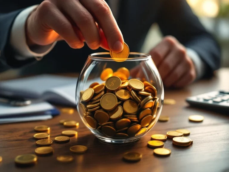 Handen plaatsen gouden munten in glazen spaarvarken op bureau met documenten en rekenmachine voor financiële planning