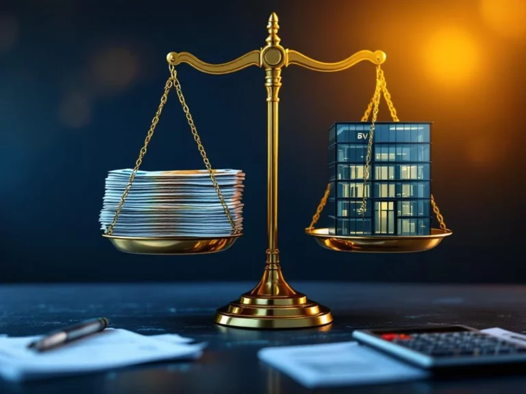 Gouden weegschaal in balans met eurobankbiljetten en glazen kantoorgebouw, calculator en documenten op voorgrond
