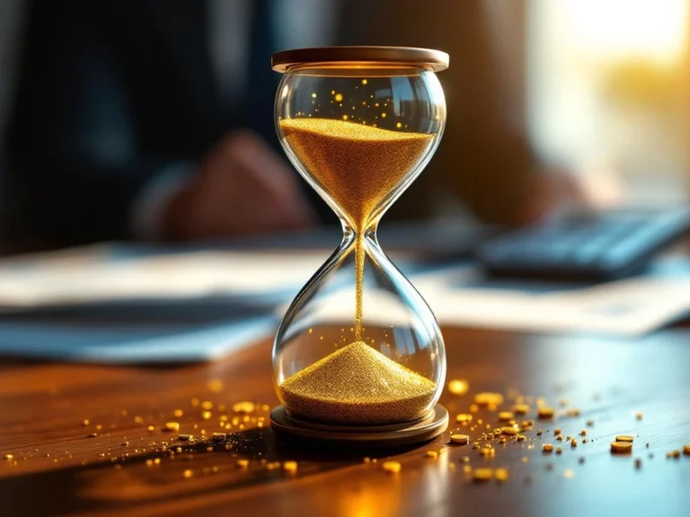 Zandloper met gouden zand dat omhoog stroomt op bureau met financiële documenten, symboliseert tijd terugdraaien voor pensioen