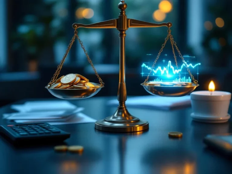 Balansschaal op bureau met gouden munten en digitale tablet met marktgrafieken, calculator en documenten voor financieel advies