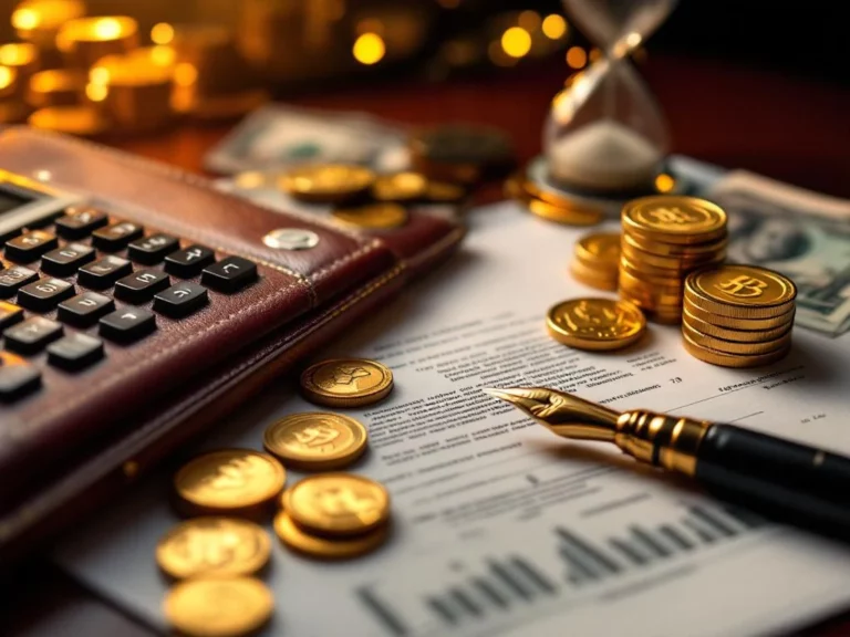 Gouden munten en bankbiljetten rond financieel document met calculator en pen op luxe bureau voor beleggingsplanning