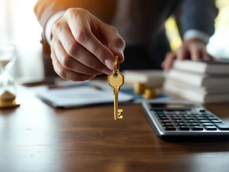 Handen houden gouden sleutel boven houten bureau met financiële documenten en calculator voor pensioenplanning