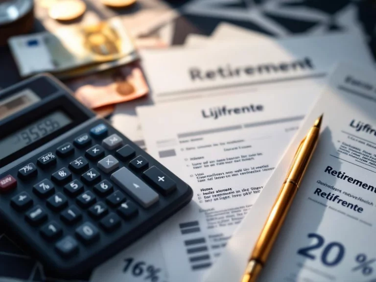 Calculator met percentagesymbolen op bureau met Nederlandse belastingdocumenten, eurobiljetten en lijfrente-formulieren
