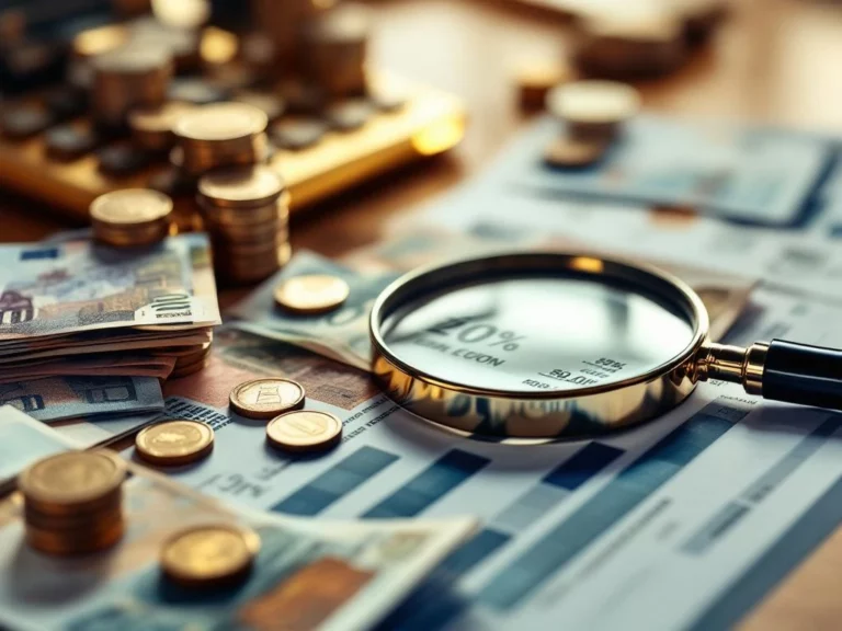 Gouden calculator met eurobiljetten en munten op houten bureau, vergrootglas over belastingformulieren voor pensioenberekening