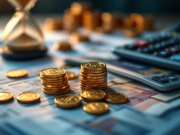 Gouden munten en bankbiljetten in spiraalpatroon met rekenmachine en Nederlandse financiële documenten voor pensioen