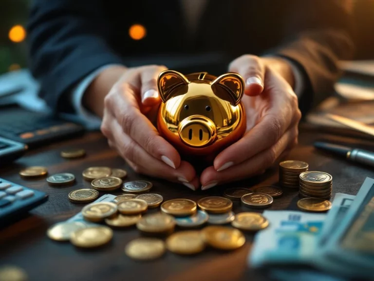 Handen houden gouden spaarvarken met euromunt en bankbiljetten op houten bureau voor pensioenplanning