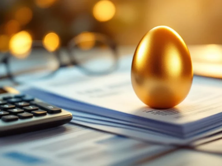 Gouden spaarvarken op Nederlandse belastingdocumenten met calculator en bril, warm verlicht voor pensioenplanning
