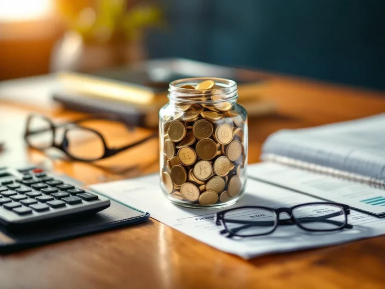 Glazen pot vol gouden munten op houten bureau met financiële documenten, rekenmachine en pensioenberekeningen