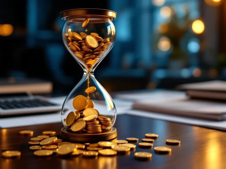 Gouden munten vallen uit zandloper op mahonie bureau met rekenmachine en financiële documenten, Nederlandse vlag zichtbaar