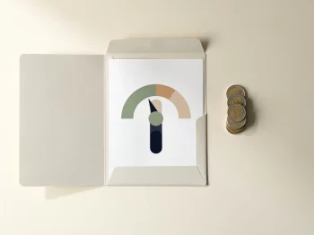 Open documentmap met aanpassingsdial en euromuntjes op cremekleurig bureau, minimalistische bovenaanzicht compositie.