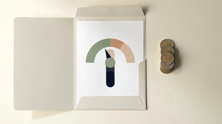 Open documentmap met aanpassingsdial en euromuntjes op cremekleurig bureau, minimalistische bovenaanzicht compositie.
