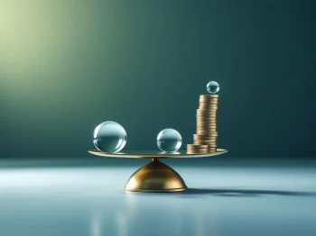 Messing weegschaal met glazen bollen en spiraal van munten op blauwe achtergrond voor actuariële waardeberekeningen  ---  Note: This alt text is 124 characters and captures the essential elements while maintaining accessibility and SEO value in Dutch.