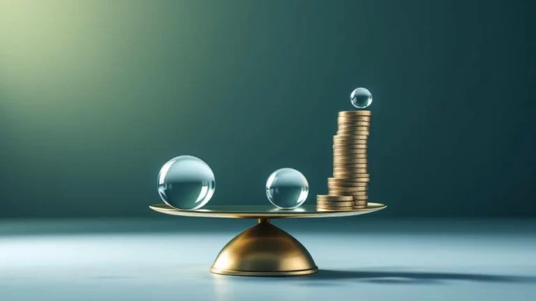 Messing weegschaal met glazen bollen en spiraal van munten op blauwe achtergrond voor actuariële waardeberekeningen  ---  Note: This alt text is 124 characters and captures the essential elements while maintaining accessibility and SEO value in Dutch.