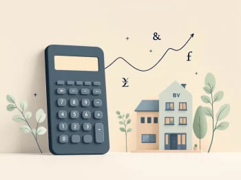 Rekenmachine met wiskundige symbolen naast gestileerd Nederlands BV-gebouw in zachte kleuren voor actuariële diensten