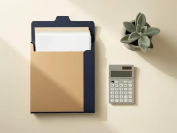 Geordende documentmappen naast een rekenmachine op een crème bureau, één map licht geopend met papieren, klein saliegroen plantje erbij.