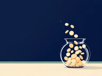 Munten stromen in glazen vaas, illustratie van annuïteitsbetalingen met minimalistische stijl op blauwe achtergrond