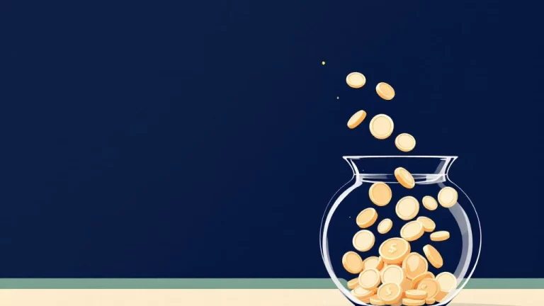 Munten stromen in glazen vaas, illustratie van annuïteitsbetalingen met minimalistische stijl op blauwe achtergrond