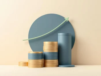 Stapel munten in navy en beige met groene groeipijl, symboliseert financiële zekerheid en annuïteitsrendement