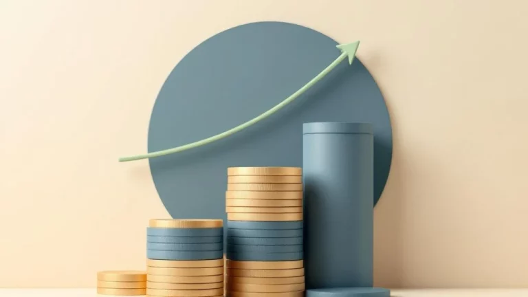 Stapel munten in navy en beige met groene groeipijl, symboliseert financiële zekerheid en annuïteitsrendement