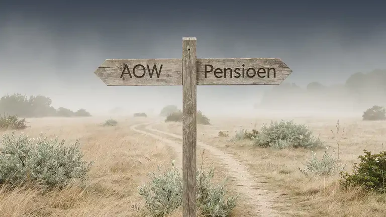 Houten wegwijzer met AOW en Pensioen pijlen in Nederlandse weide met ochtendmist