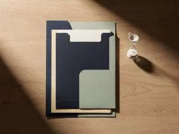 Geordende stapel documentmappen op eikenhouten bureau naast zandloper, zacht ochtendlicht, minimalistische bovenaanzicht compositie.