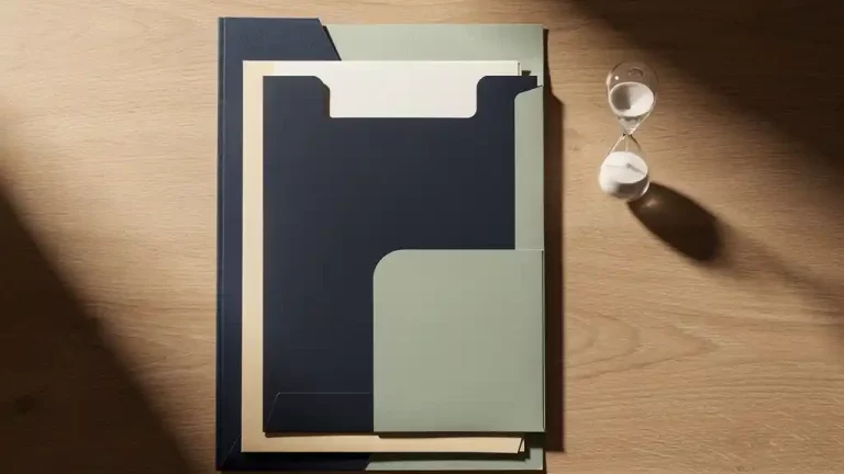 Geordende stapel documentmappen op eikenhouten bureau naast zandloper, zacht ochtendlicht, minimalistische bovenaanzicht compositie.