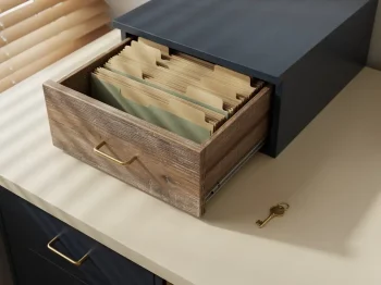 Verweerde houten archiefkast met opengetrokken lade vol georganiseerde mappen, messing sleutel op bureau, zachte schaduw