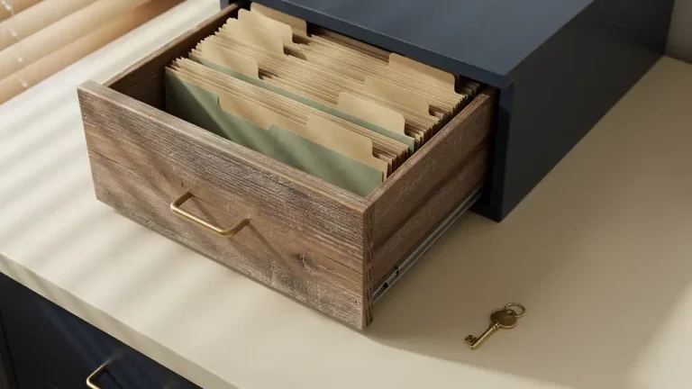 Verweerde houten archiefkast met opengetrokken lade vol georganiseerde mappen, messing sleutel op bureau, zachte schaduw