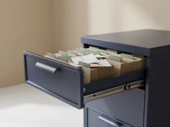 Geopende archiefkast met lege manilamappen en verspreide papieren, één ontbrekend document zichtbaar