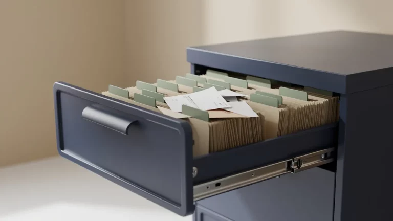 Geopende archiefkast met lege manilamappen en verspreide papieren, één ontbrekend document zichtbaar