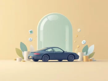 Auto silhouet met beschermende koepel, omringd door muntstapels en calculator elementen voor belasting bescherming