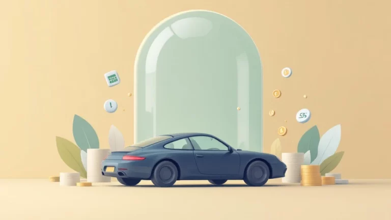 Auto silhouet met beschermende koepel, omringd door muntstapels en calculator elementen voor belasting bescherming