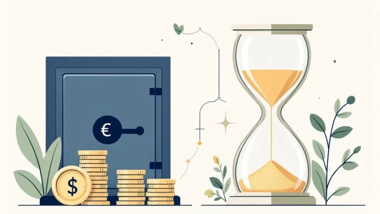 Bankkluis met muntstapels naast zandloper met gouden zand, verbonden door lijnen voor financiële vergelijking